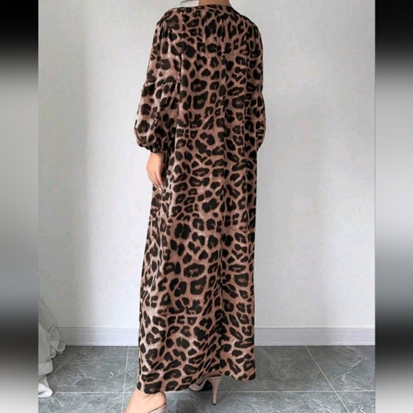 Women's Summer Notched V-Neck Leopard Print Lantern Sleeve Long Loose - Picture 2 of 4